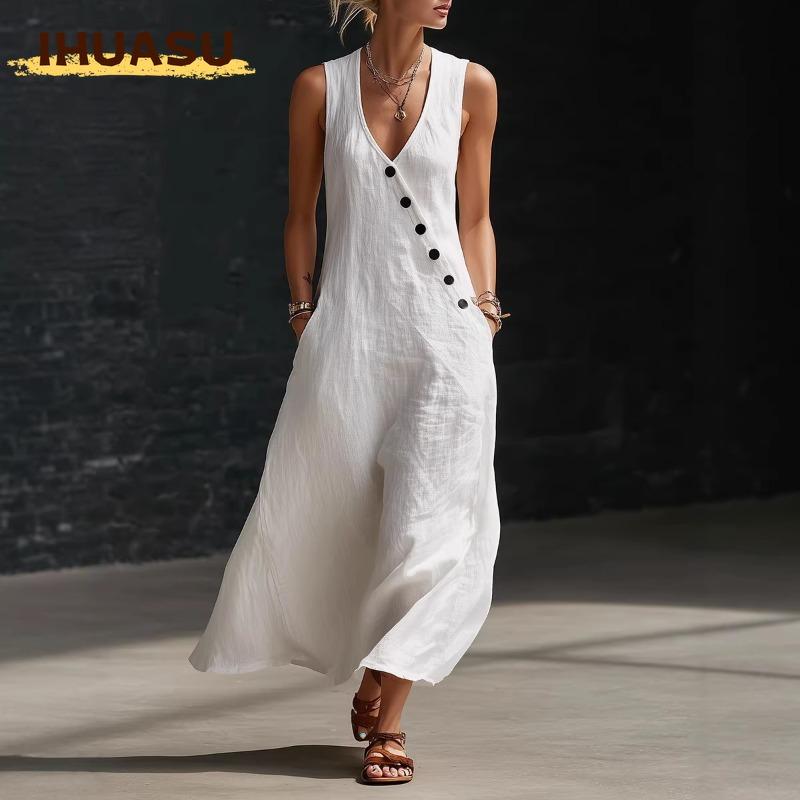 IHUASU Fashion Summer Spring Solid Color Print Sleeveless V-Neck Casual Dresses
