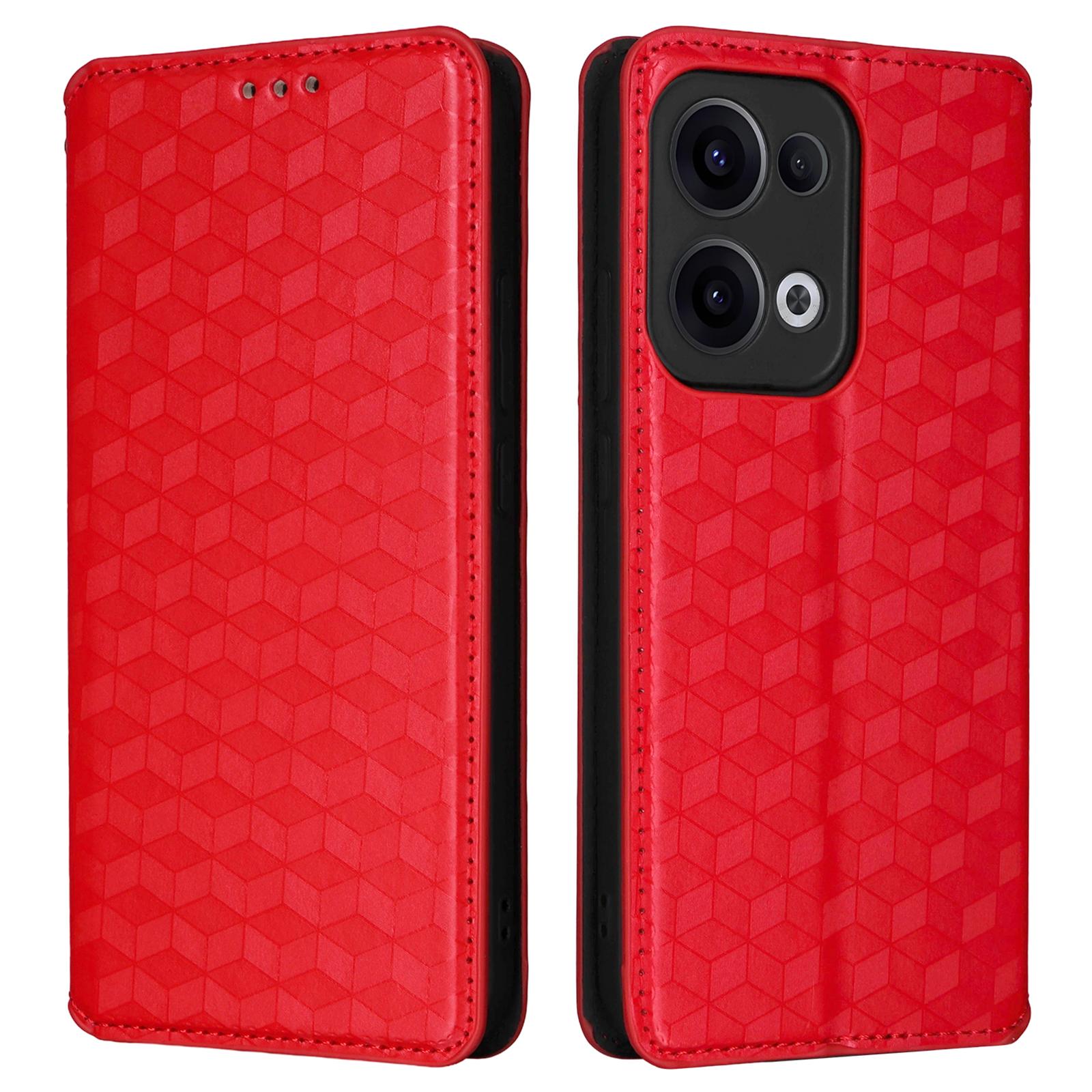

For Oppo Reno13 5G (Global) Wallet Case Rhombus Imprinted Leather Phone Cover Red