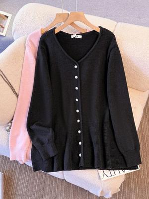 Plus Size Women's V-Neck Cardigan Sweater, Korean Style, Autumn/Winter, Slimming Knit Long Sleeve Top, Fits 130-300 Jin