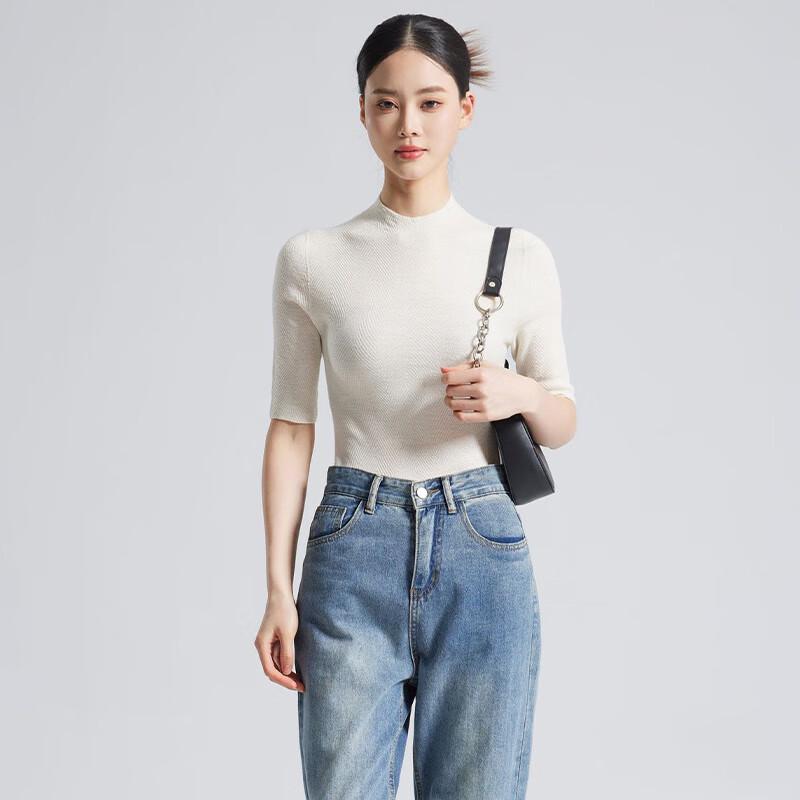 Fengxun Women's Silk Blend Stand Collar Mid-Sleeve Knit Top