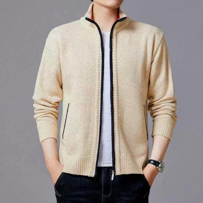Autumn Winter Men's Stand-up Collar Knit Sweater Autumn Winter Cardigan Tops Korean Slim Solid Color Sweatercoat Jacket