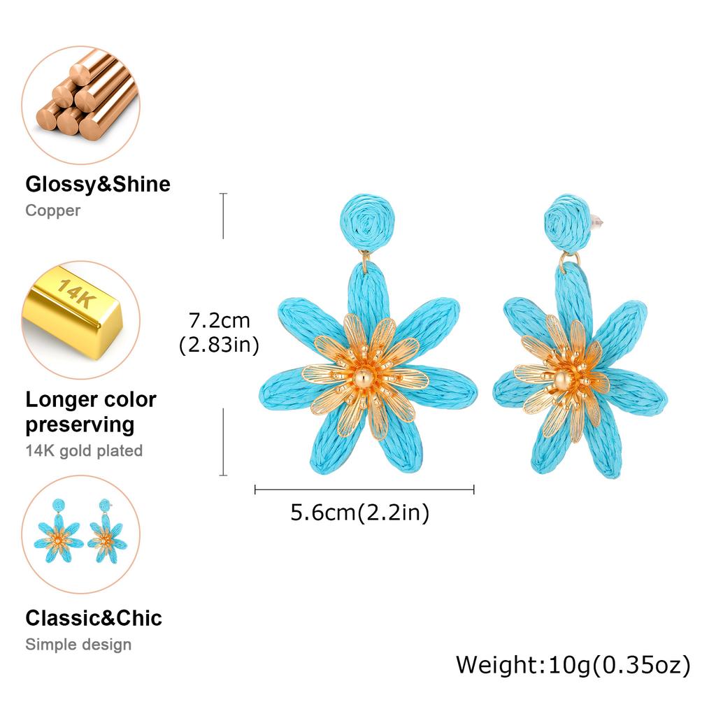 Fashion Boho Candy Color Raffia Flower Dangle Earrings for Women Elegant Handmade Sweet Earrings Summer Party Vacation Jewelry