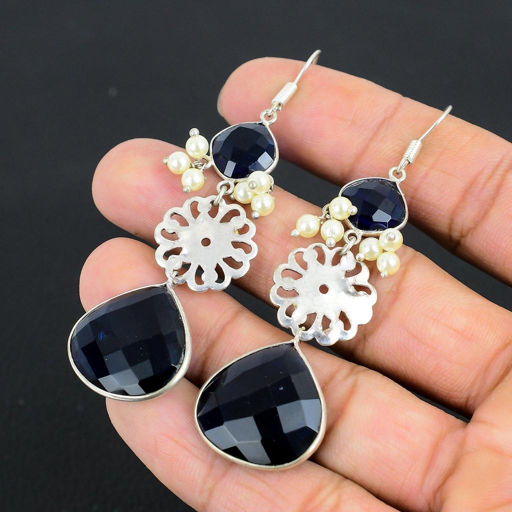 Birthday Gift For Her Natural London Blue Topaz Drop/Dangle Earrings 925 Silver