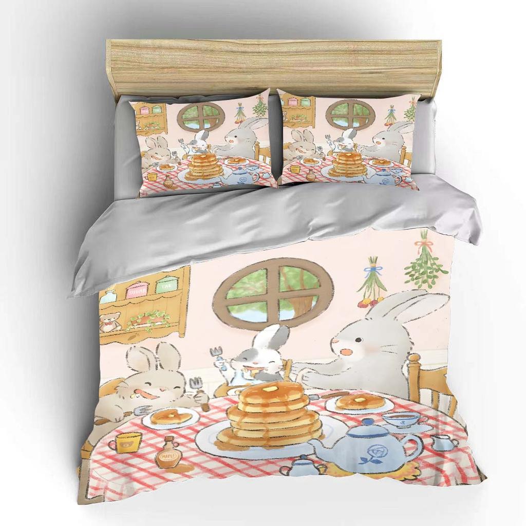 Warm and Cozy Rabbit Family Dinner Theme Bedding Set for Kids Luxury Gift 3pcs Digital Print Comforter Set Soft Comfortable