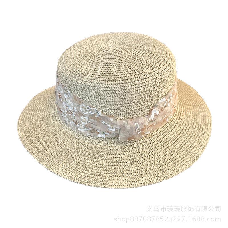 Summer New Floral Decorative Straw Hat Women's Outdoor Travel Seaside Sunshade Beach Hat Casual Versatile Flat Top Hat