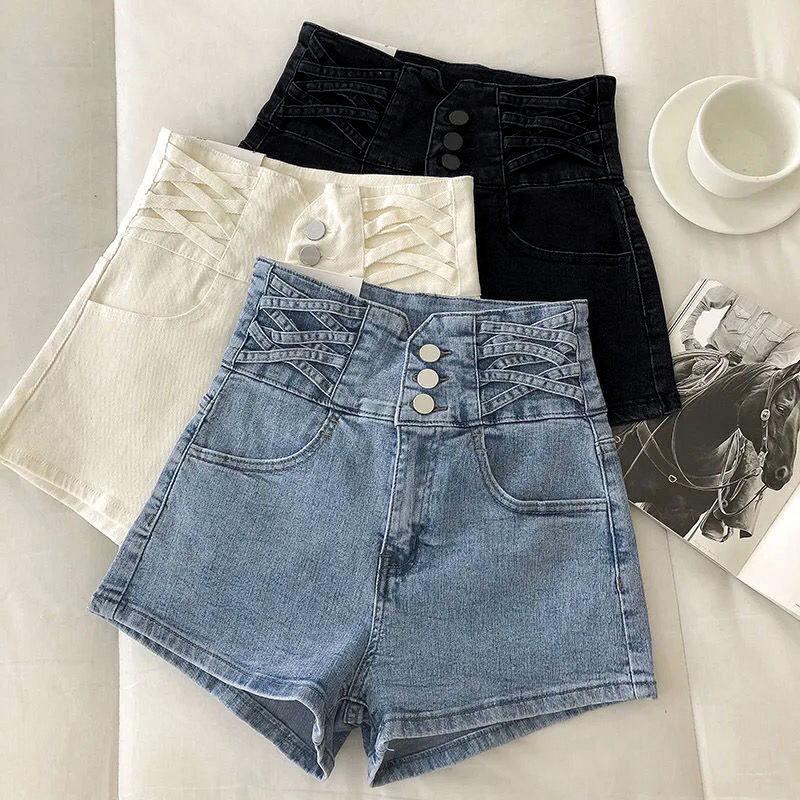 Shorts en jean stretch taille haute pour femme - Fermeture boutonnée Coupe ajustée Jambe droite Pantalon d'été Hot Pants