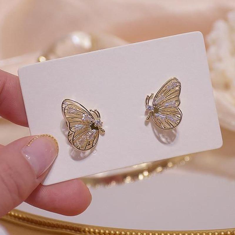 Huitan Double Layer Butterfly Earrings Gold Color Gorgeous Ear Piercing Earrings for Women Shiny Cubic Zircon Exquisite Zircon