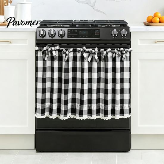 Window Valance with Lace Trim Buffalo Check Valance, Ruffled Curtain And Bows, Small Valances Light Filtering Rod Pocket for Kitchen Living