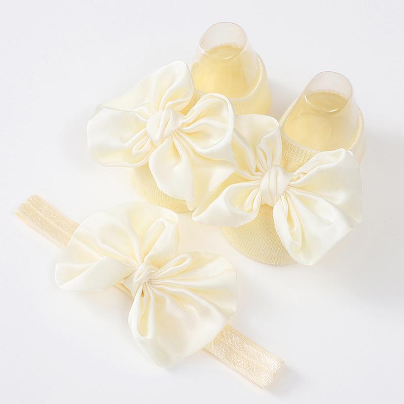 2Pcs Baby Bow Headband Socks Set Toddler Girls Solid Color Bowknot Elastic Hairband Turban Soft Anti-Slip Socks Kids Accessories