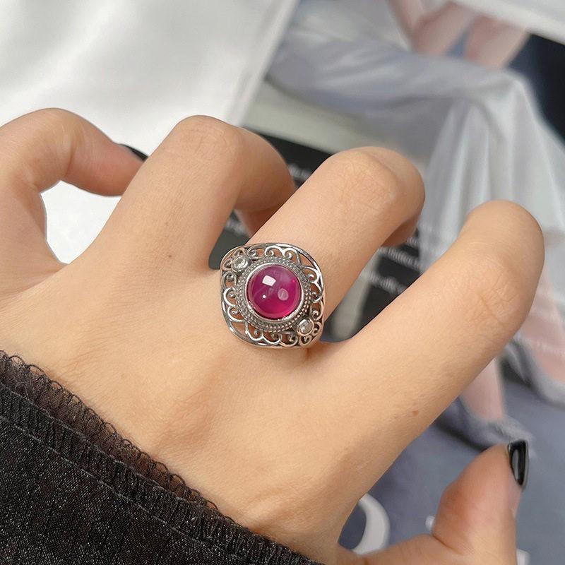 Adjustable Vintage Boho Ring Women Men Natural Stone Jewelry Geometric Hollow Design Copper Band