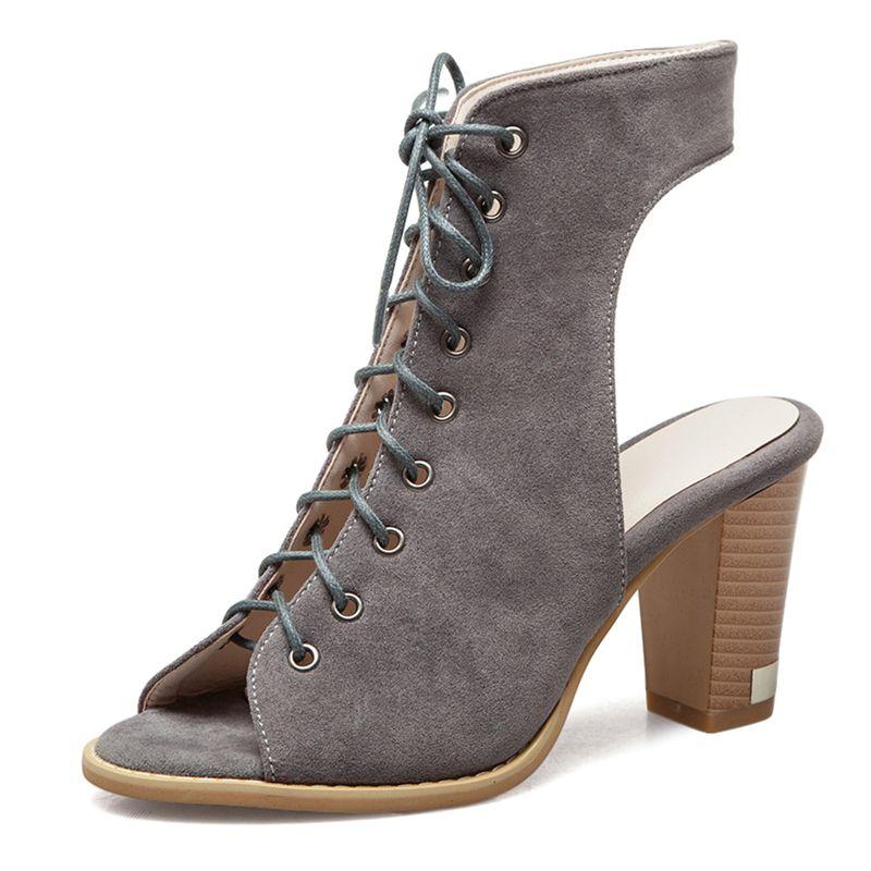 Brand Retro Women Sandals Flock Suede Peep Toe Chunky Heels 5cm Lace Up Big Size 48 49 50 Fashion Dating Female Shoes