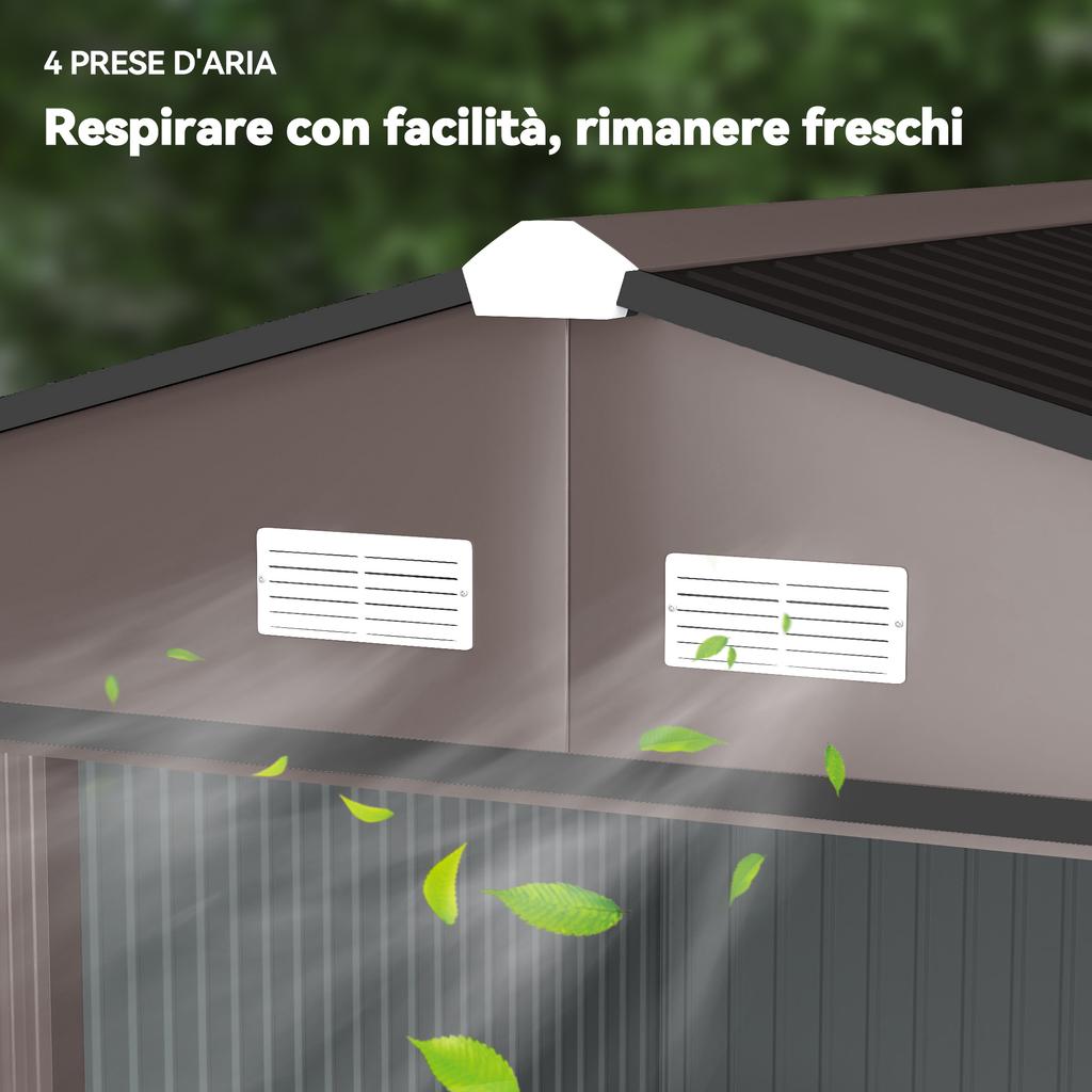 Depósito de Jardim com 2 Portas de Correr e 4 Ventilações em Aço, 322x277x192 cm, Castanho