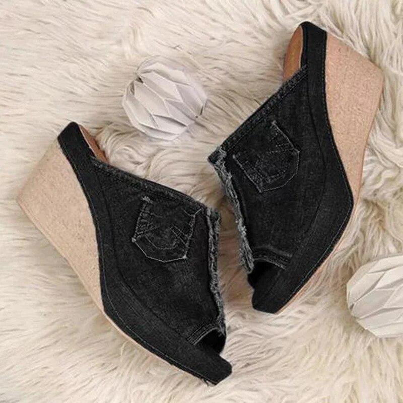 Sandali da Donna in Denim Pantofole Sandali con Zeppa Estivi Donna Bocca di Pesce Zeppe con Tacco Alto