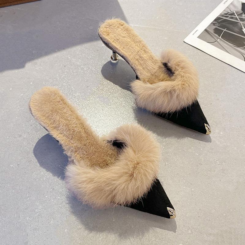 Fashion Shoes Pointed Toe Slippers Heels Slipers Women Fur Flip Flops Slides Fashion High 2025 Plush Luxury High-Heeled Shoes Lady Women