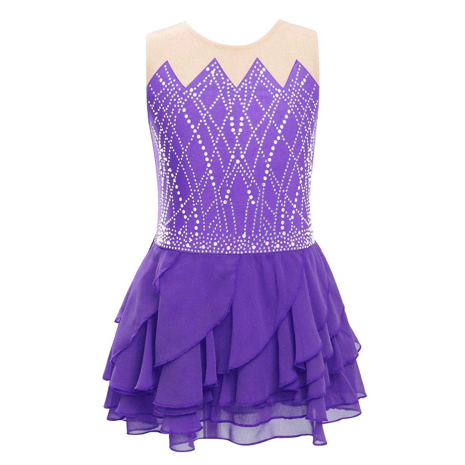 

Сукня для фігурного катання для дівчаток з круглим вирізом, без рукавів, з блискучими стразами, багатоярусною спідницею з оборками, танцювальний костюм для змагань 15-16 Years фіолетовий