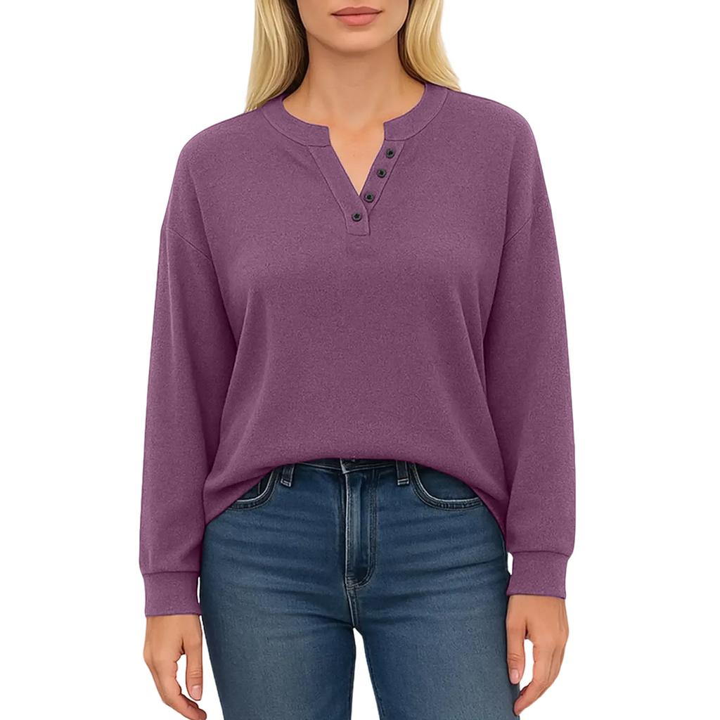 Women's Fashionable Solid Color Long Sleeved V-neck Button Casual Loose Pullover Top