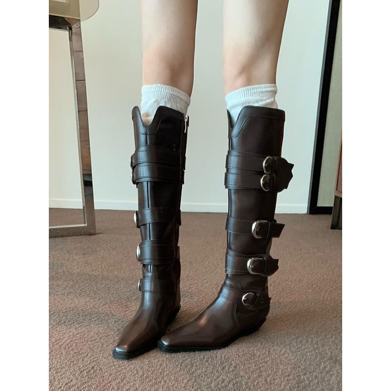 Cowhide version~ long boots femininity pointed V-mouth thin boots belt buckle but knee high thick heel knight boots