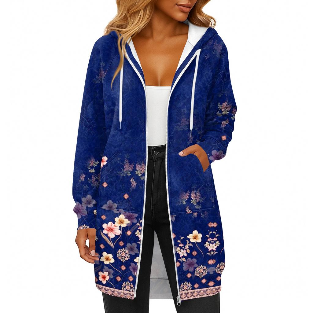 Women's Fashionable Printed  Long Sleeved Drawstring Hooded Zipper Pocket Long Casual Sweatshirt Jacket