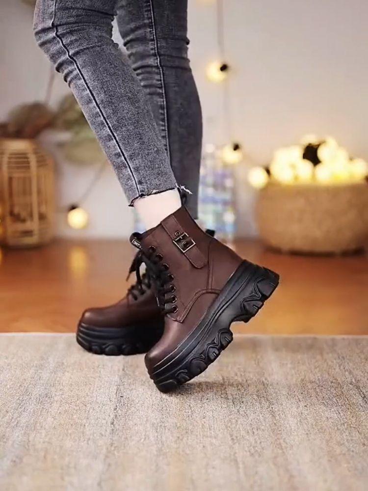 Genuine Leather Height-Boosting Women's Ankle Boots - Thick Sole, Non-Slip, Warm, Plus Velvet Lining for Autumn/Winter