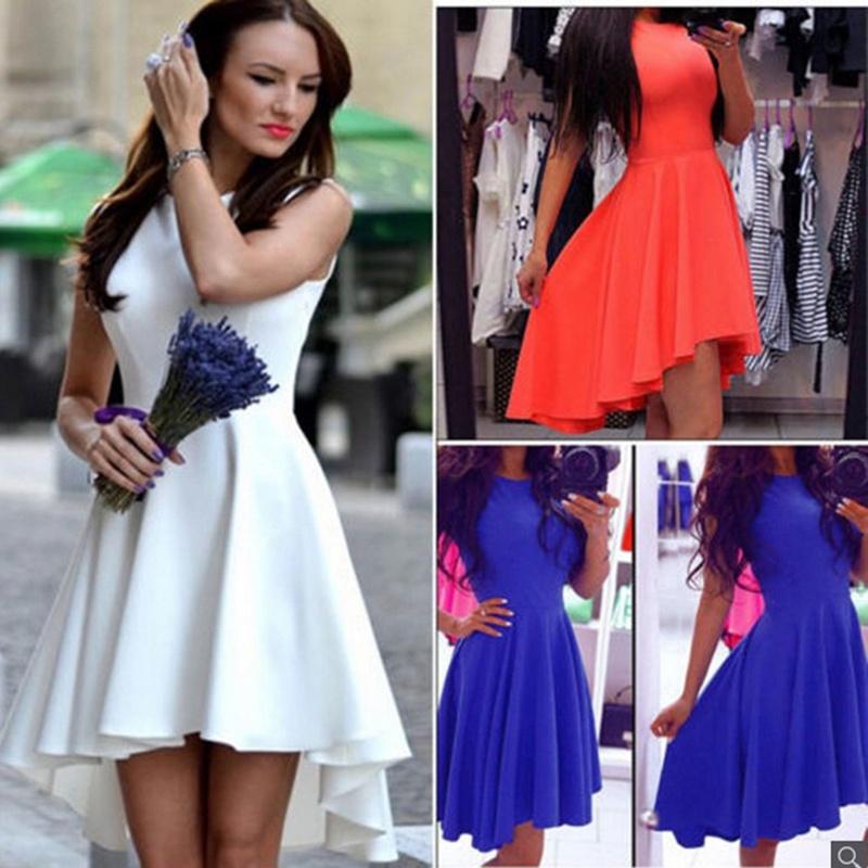 Fashion Women Sleeveless Asymmetric Hem Casual Sundress In Elegant Pure Color