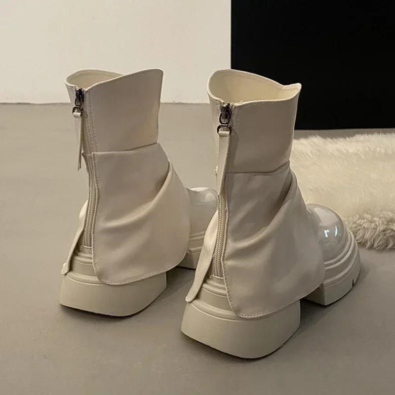 Women Soft Leather Chelsea Boots Woman Winter Ankle Boots Square Toe Flats Platform Shoes Fashion Ladies Short Pants Botas Goth