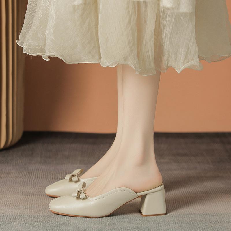 One-word Bow Thick-heeled Bag Head Slippers Half-towed, Wearing Cool Slippers Casual Thick-heeled Bag Shoes
