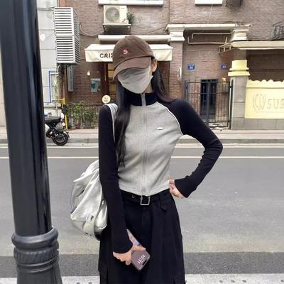 Kontrastfarben-Spleißung Herbst und Winter Stehkragen Slim-fit Langarm-T-Shirt Damen Reißverschluss-Design Kurzes Unterteil Top Dünn