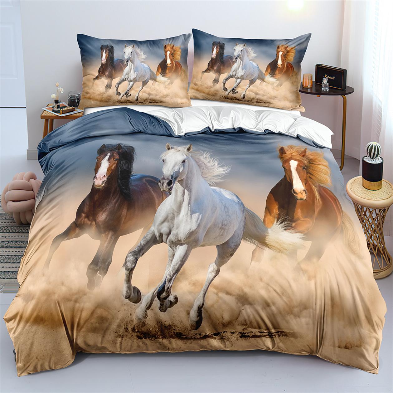 Animal 3D Printed Duvet Cover Set Domineering Galloping Horse Bedding Set Soft 2/3pcs Polyester Quilt Cover Set with Pillowcases 135x200cm
