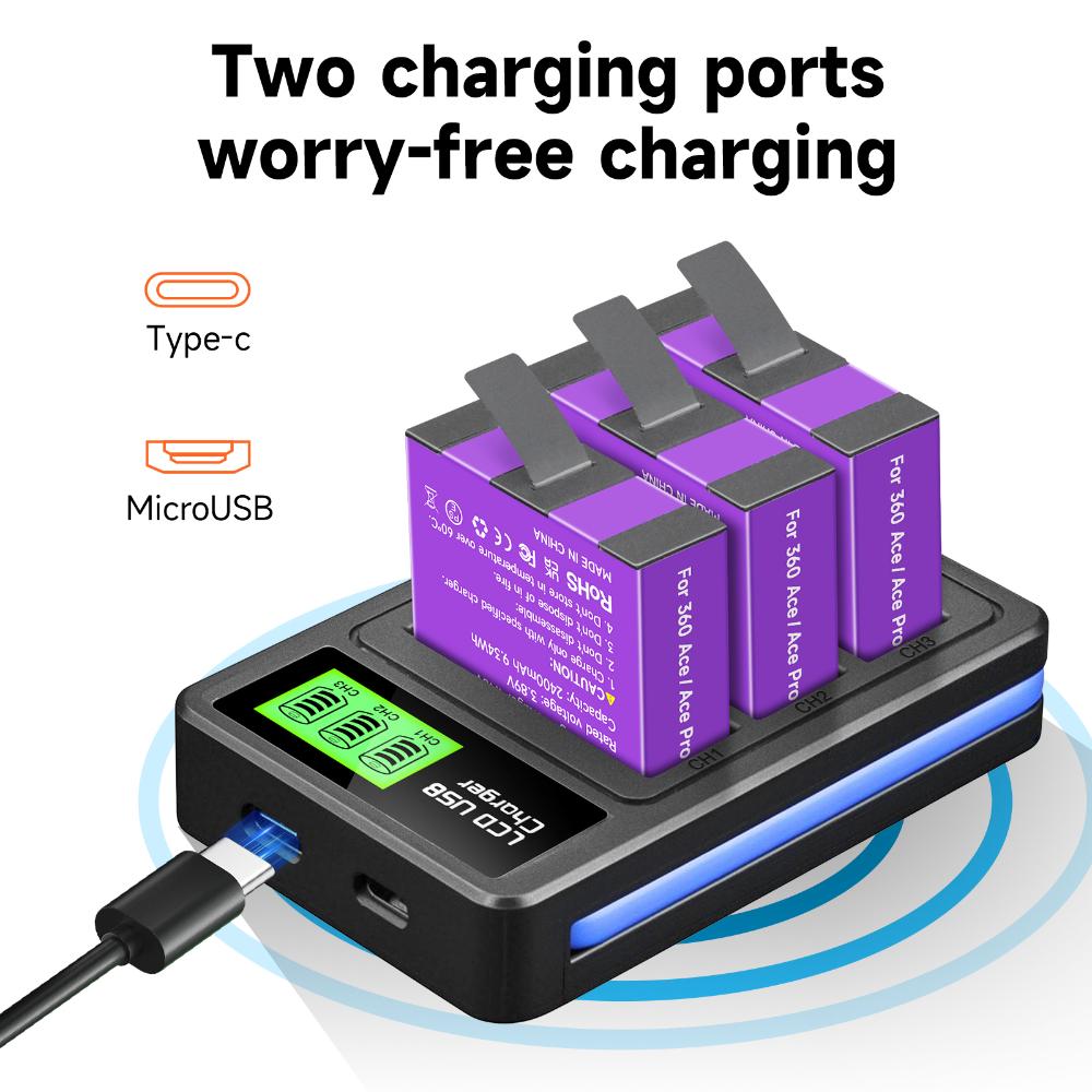 2400mAh High Capacity For Insta360 Ace Pro Ace Battery+3-Slot LED Fast Charger For Insta 360 Ace Pro 2 Action Camera Accessories