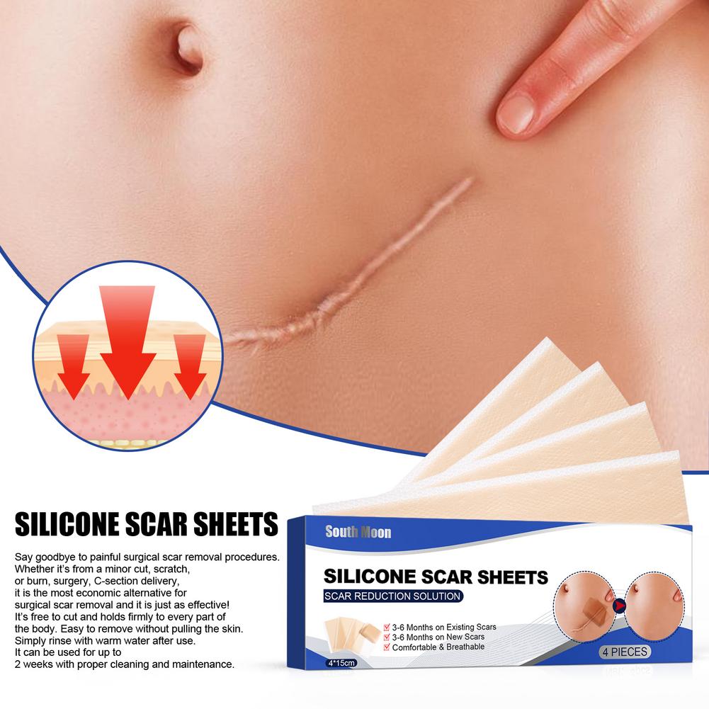 SOUTH MOON 4 Cerotti/Confezione Fogli in Silicone per Cicatrici, 4cm*15cm Nastro Autoadesivo Copri Cicatrici Riutilizzabile ed Efficace Strisce per la Cura della Pelle