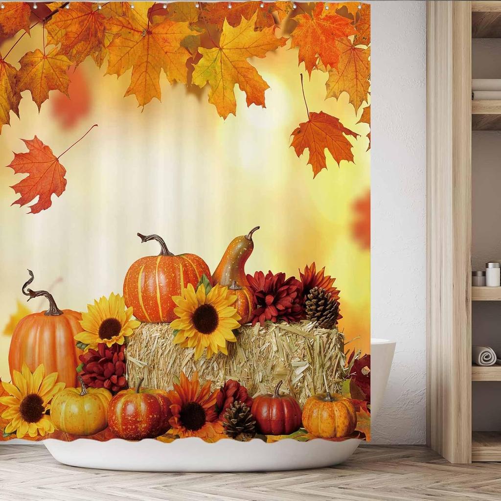 Funnytree 72"x72" Fall Pumpkins Maple Autumn Thanksgiving Sunflowers Harvest Falling Leaves Shower Curtain for Bathroom Decor Machine Washable (Hooks