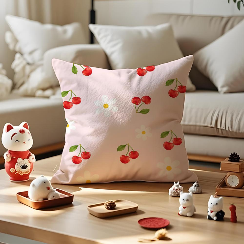 Beautiful Pink Bow Cherry Cushion Cover Anti-Dustmite Pillowcase Invisible Zipper Silky Short Plush Sofa Cushion Cover