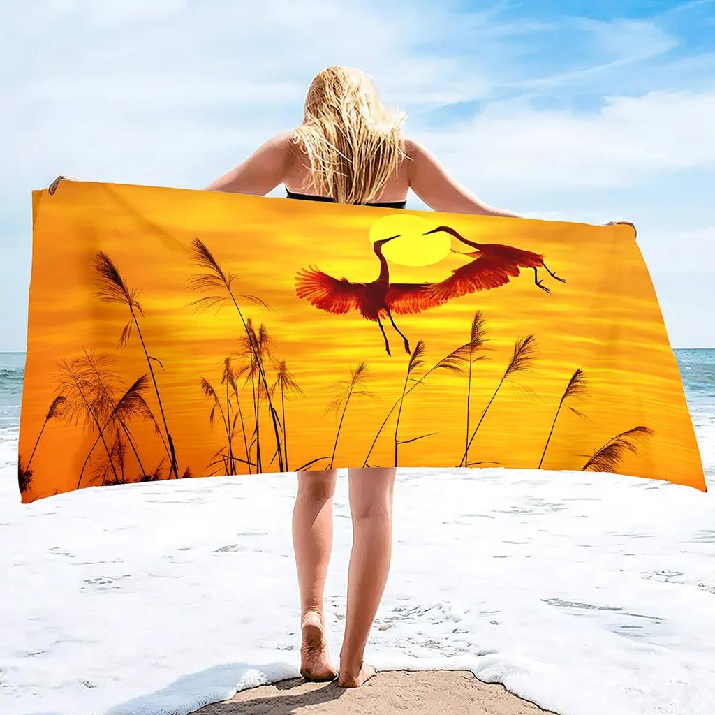 White Crane Print Beach Towel,Extra Large Pool Swim Travel Soft Towels Blanket Bulk Camping Cruise Lounge Chair Cover Gift