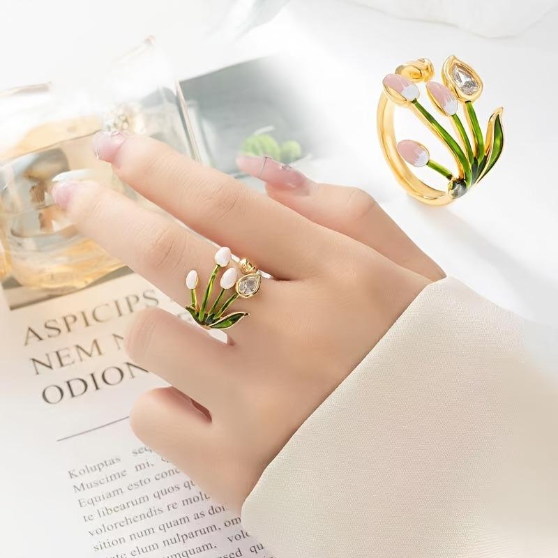 1PC Mori Small Fresh Tulip Ring Enamel Dripping Open Ring Light Luxury High Sense