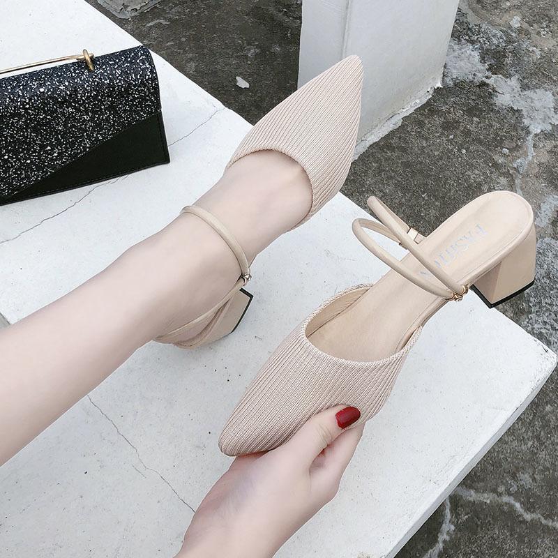 Baotou Thick Heel Sandals Women's New Outer Wear Slippers In Summer 2025 Pointed Breathable Cloth High Heel with Skirt Sandals
