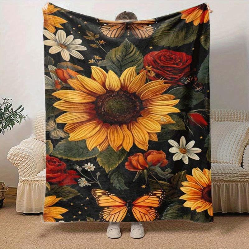 1pc Sunflower Printing Lightweight Flannel Blanket, Comfortable and Warm Blanket, for Camping Sofa Bed and Couch Office, in All Seasons