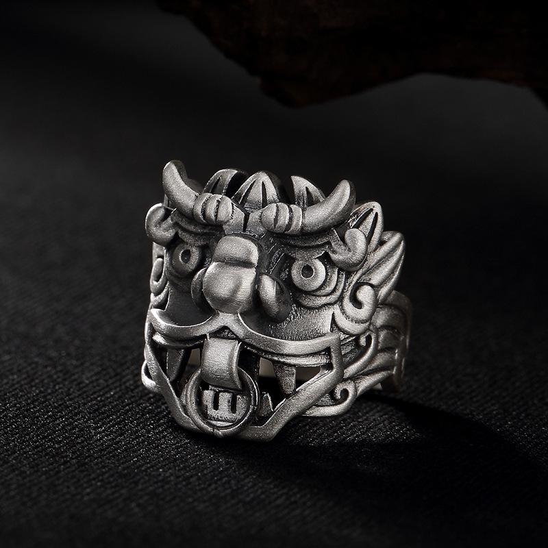 Yintai Feifei Ethnic Thai Silver Taotie Ring: Unique, Adjustable Open Ring for Men and Women