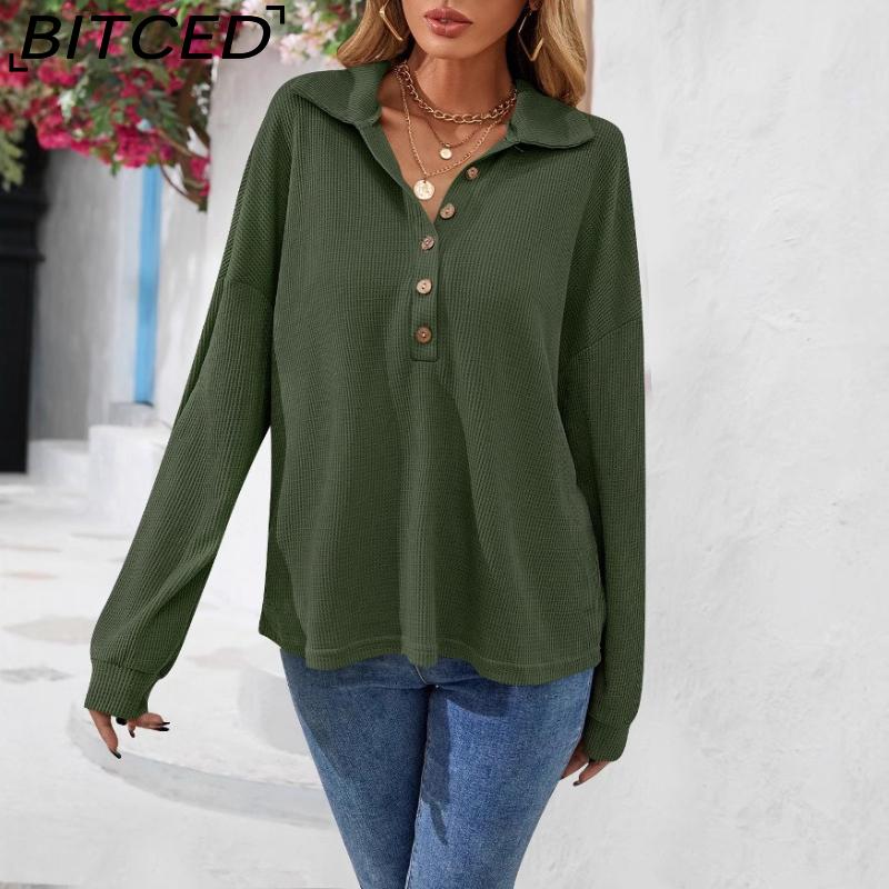 BITCED Women's Fall/Winter Polo Neck Button-Up Solid Color Long-Sleeve T-Shirt