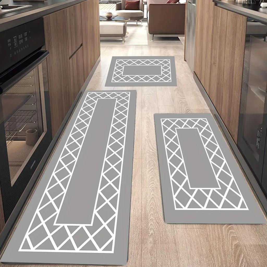 Kitchen Floor Mat PVC Leather Waterproof Non-slip Oil-proof Long Carpet Strip Plaid Stripe Home Decoration Foot Mats