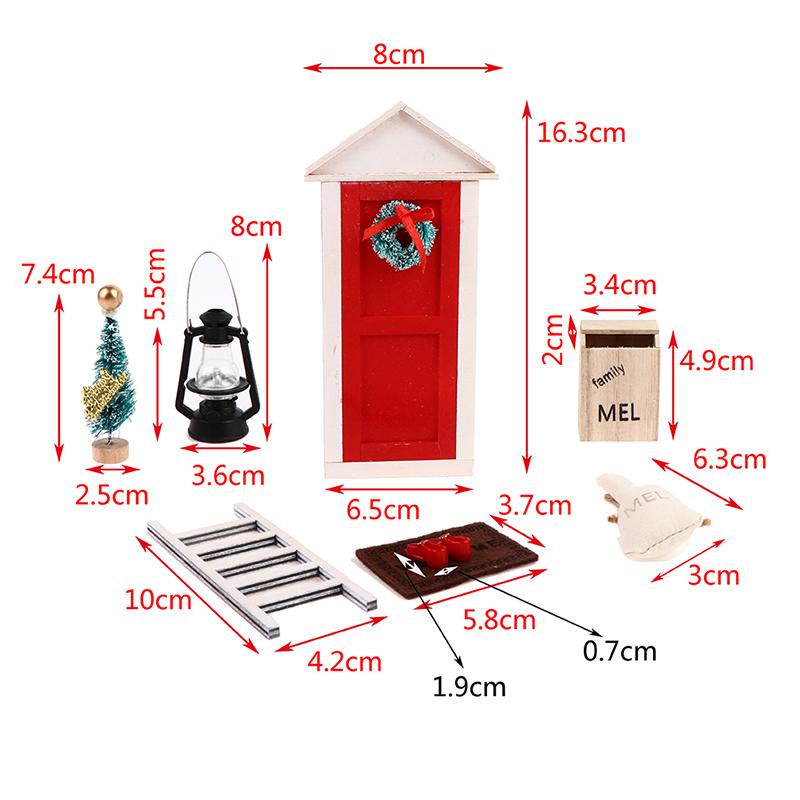 1 Kit Dollhouse Accessories Mini House Atrium Tree Wreath Broom Carpet Bucket DIY Xmas Atmosphere Dooryard Scene Ornaments