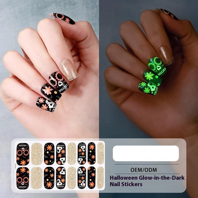 1 Arkusz Naklejki na Paznokcie na Halloween Wodoodporne Europejskie i Amerykańskie Kreskówkowe Dziecięce Słodkie Bez Pieczenia Nocne Światło Ozdoba Paznokci