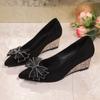 Wedge Heel Single Shoes New Spring and Summer Leopard Print Pointed Head Comfortable Shallow Mouth Square Buckle Rhinestone Shoes