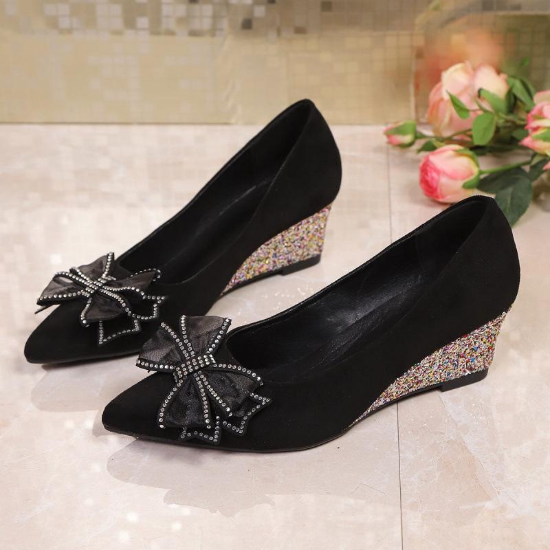 Wedge Heel Single Shoes New Spring and Summer Leopard Print Pointed Head Comfortable Shallow Mouth Square Buckle Rhinestone Shoes