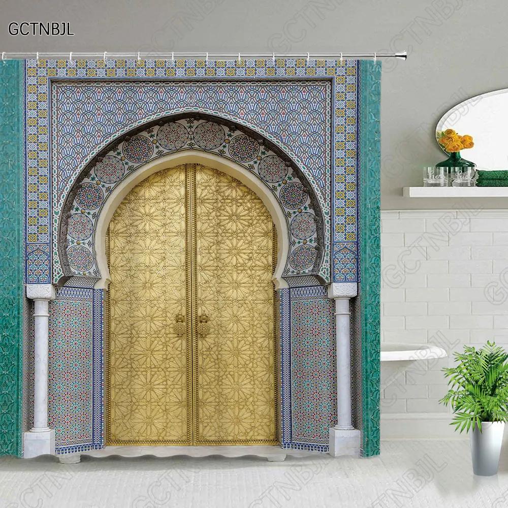 Moroccan Yellow Antique Arched Doors Shower Curtains Old Vintage Wooden Door Bathroom Waterproof Fabric Bath Curtains With Hooks