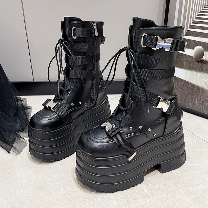 

Fashion Design Super High Women s Boots Thick Bottom Buckle Straps Lace Up Gothic Short Boots Platform Botas Mujer Black White 42