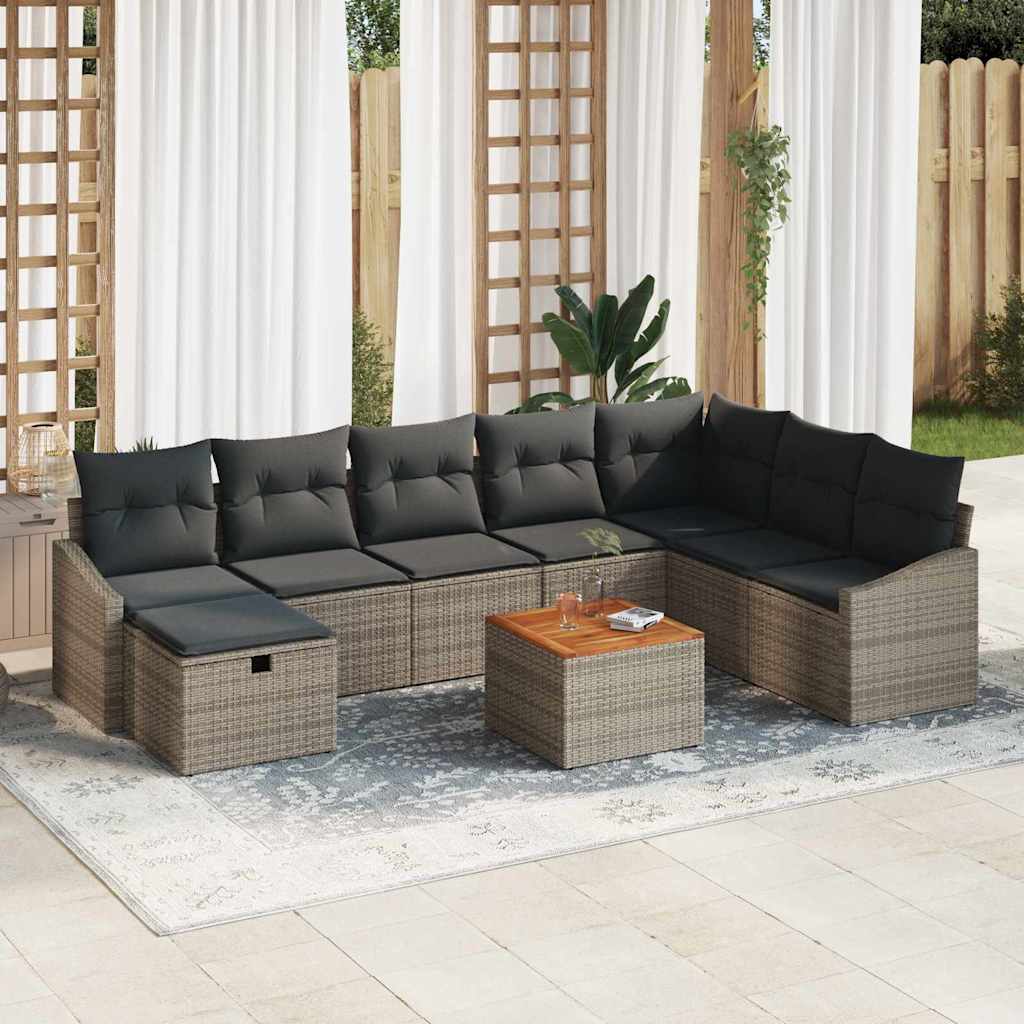 9 Piece Grey Garden Sofa Set with Cushions and Storage