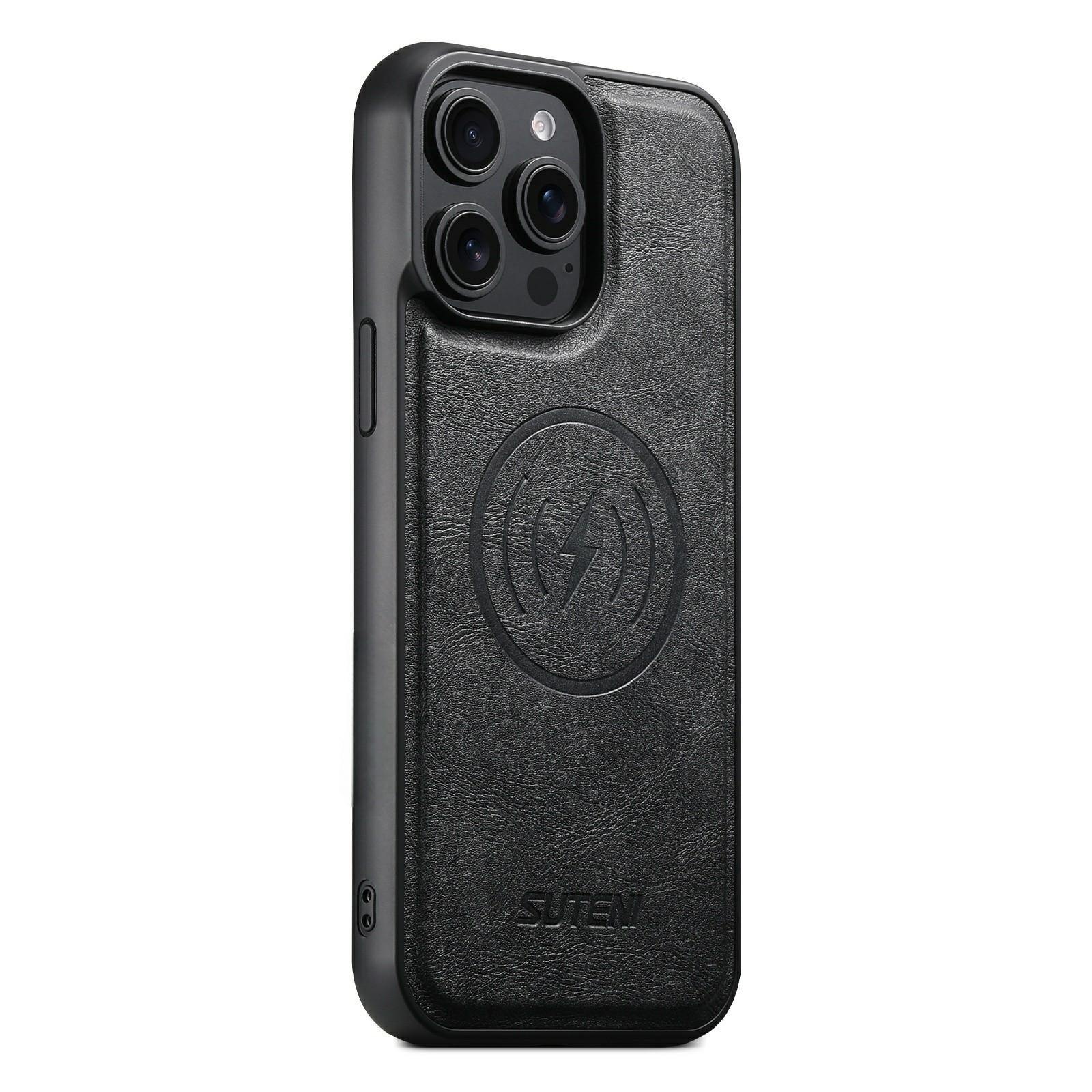 

SUTENI G5 For iPhone 15 Pro Max Case Compatible with MagSafe Cowhide Texture Leather Back Cover Black