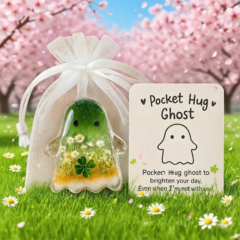 Pocket Hug Ghost Acrylic Charm Set With Card Mini Emotional Support Gift For Anxiety Relief Halloween Pocket Sea Animal Hug Gift