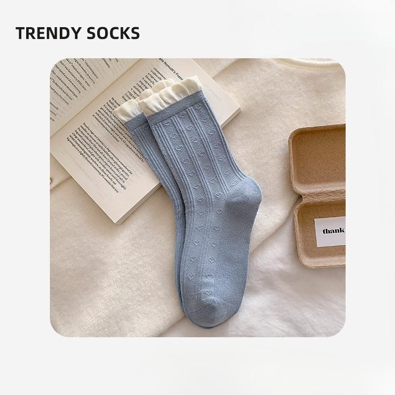 Sock Children's Spring/summer Lace-up Striped Mid-calf Socks with Loose Openings and No Bones, Plush Cotton Socks