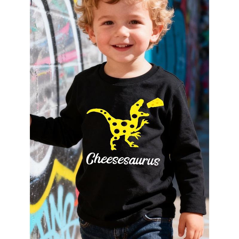 

European sizes Cheesesaurus Graphic T-Shirt for Kids - Adorable Long Sleeve Black Top Featuring a Fun Yellow Dinosaur Character with Cheese, 98cm